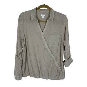 J.Jill Collared Tan Ticking Stripe Cotton Faux Wrap Front Shirt‎ Size Medium